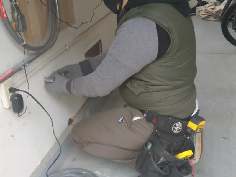 Electrician performing outlet wiring in a Seaside Park garage